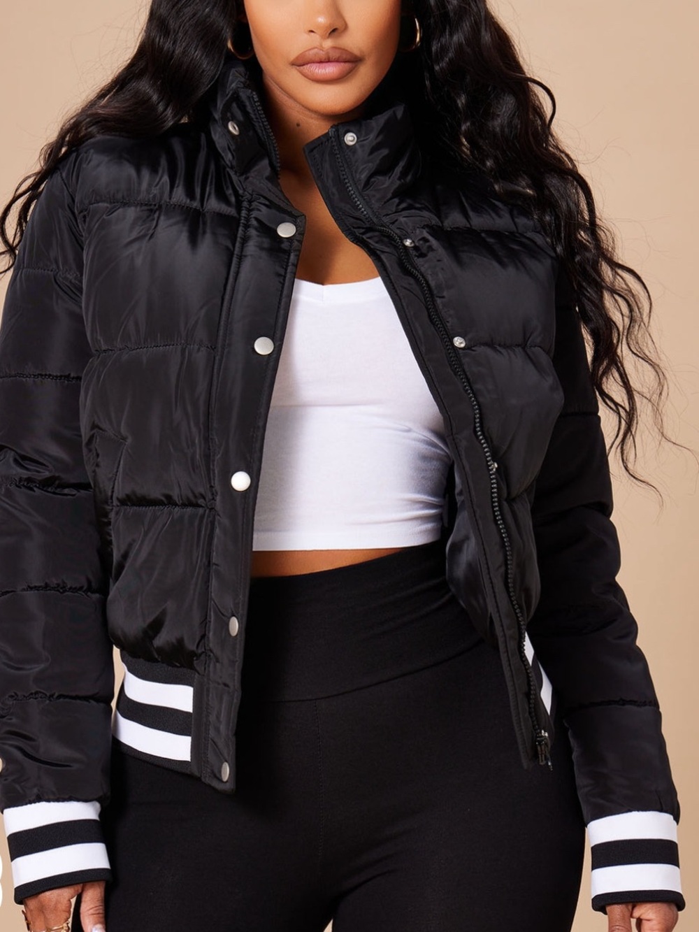 Fashion Nova Black Puffer Bomber Jacket with White Striped Trim